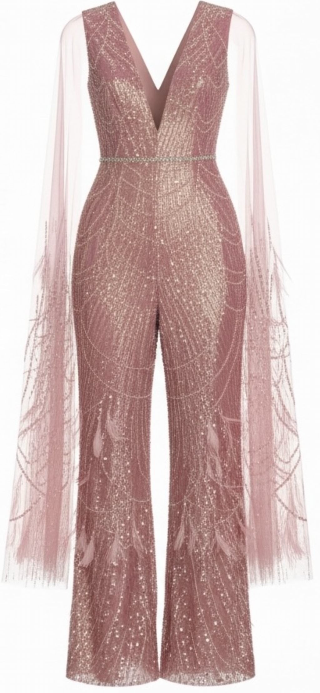 Rose Gold Crystal Cape V-Neck Jumpsuit