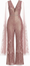 Rose Gold Crystal Cape V-Neck Jumpsuit
