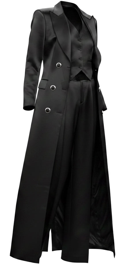 Black Silk 3-Piece Long Floor Jacket Flare Suit
