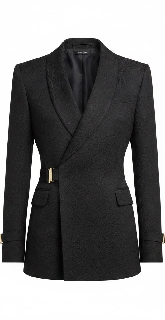 Black Jacquard Floral Double-Breasted Tuxedo with Gold Buckle