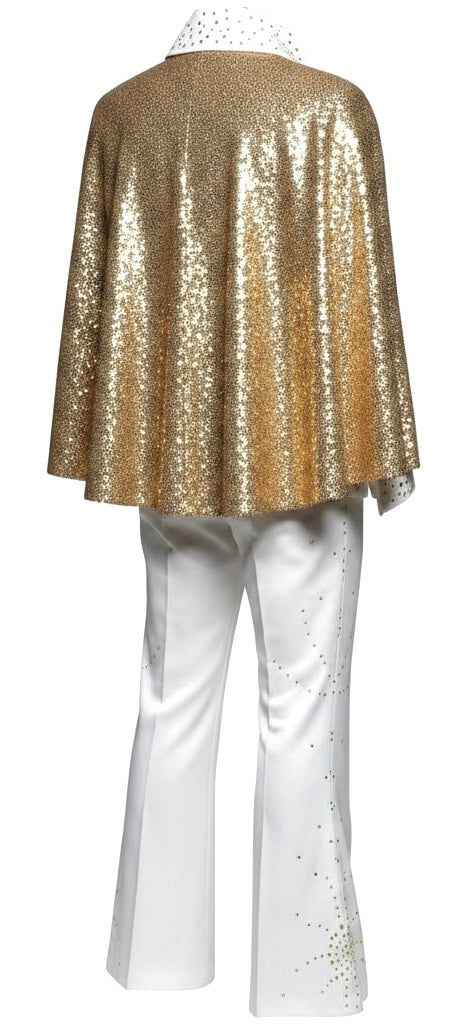 White Silk Suit with Gold Sequin Cape & Gold Crystal Embellishments