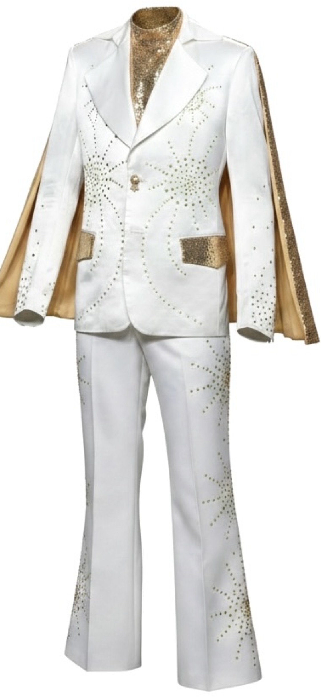 White Silk Suit with Gold Sequin Cape & Gold Crystal Embellishments