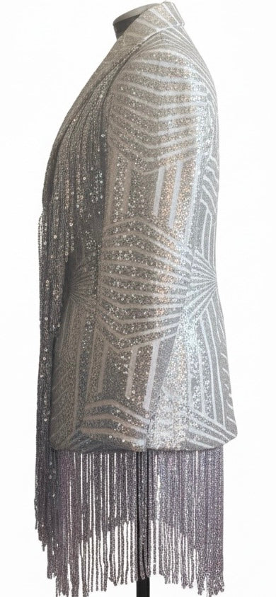 Silver & White Sequin Fringe Blazer Dress