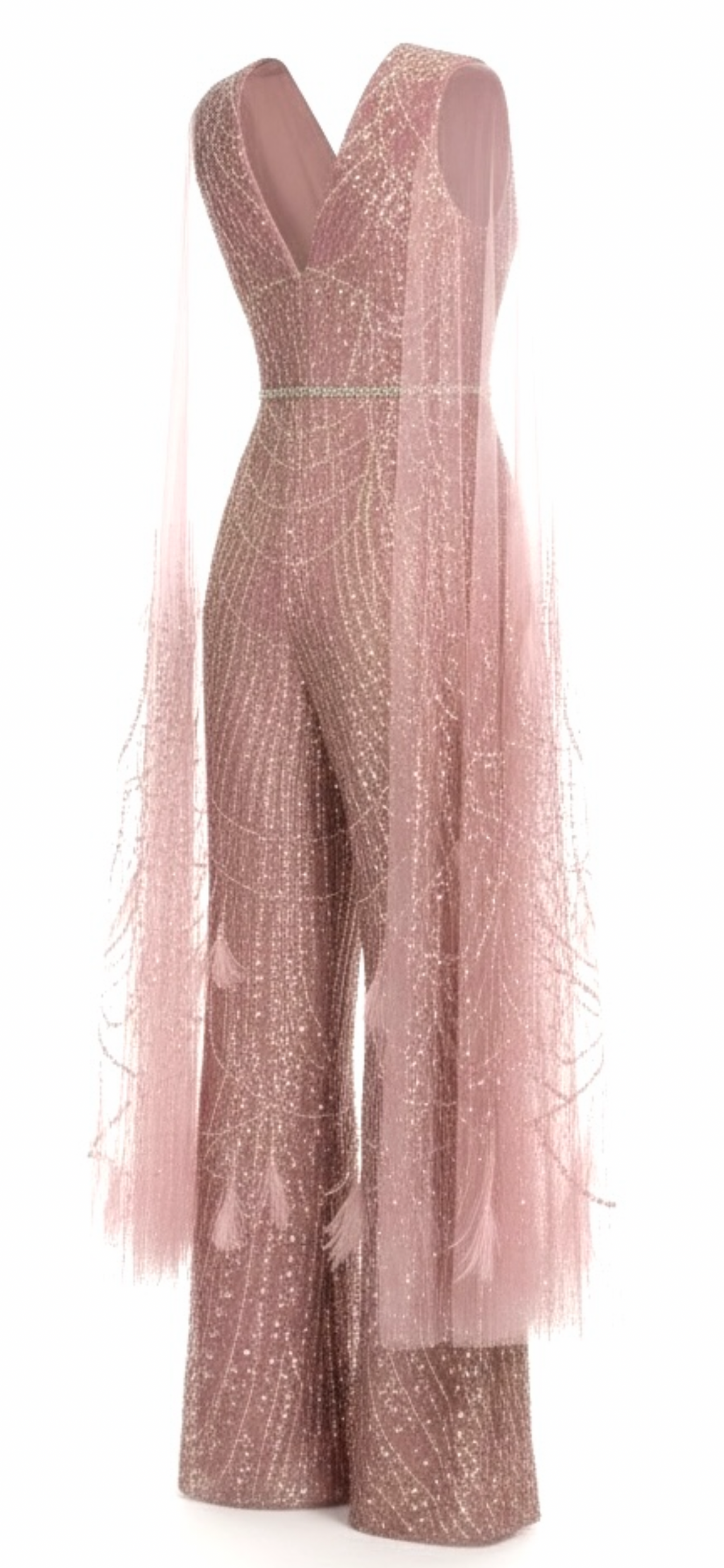 Rose Gold Crystal Cape V-Neck Jumpsuit
