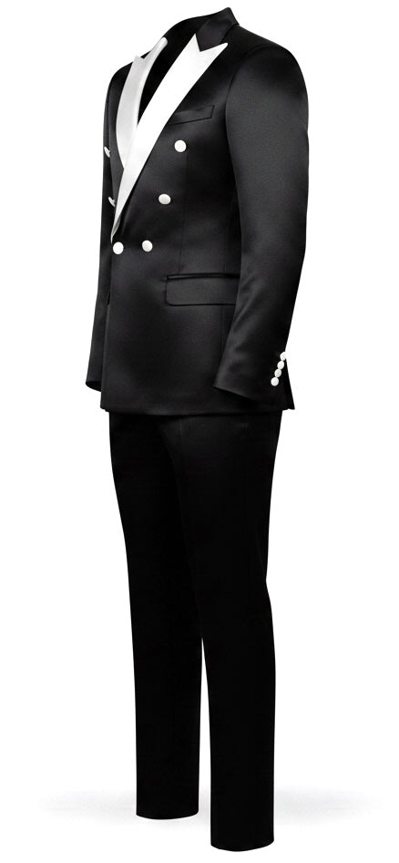 Black Silk Double-Breasted Tuxedo with White Contrast Lapel