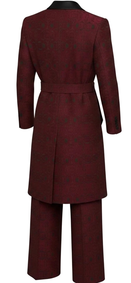 Burgundy Jacquard Tuxedo Long Jacket Suit