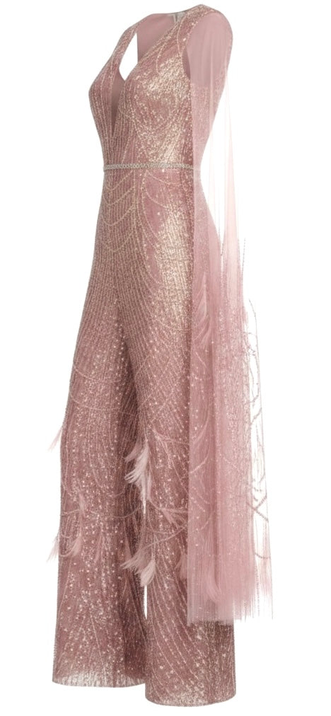 Rose Gold Crystal Cape V-Neck Jumpsuit