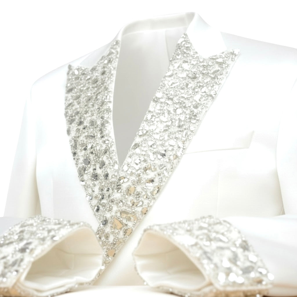 White Silk Double-Breasted Suit with Diamond Crystal Lapel & Cuffs