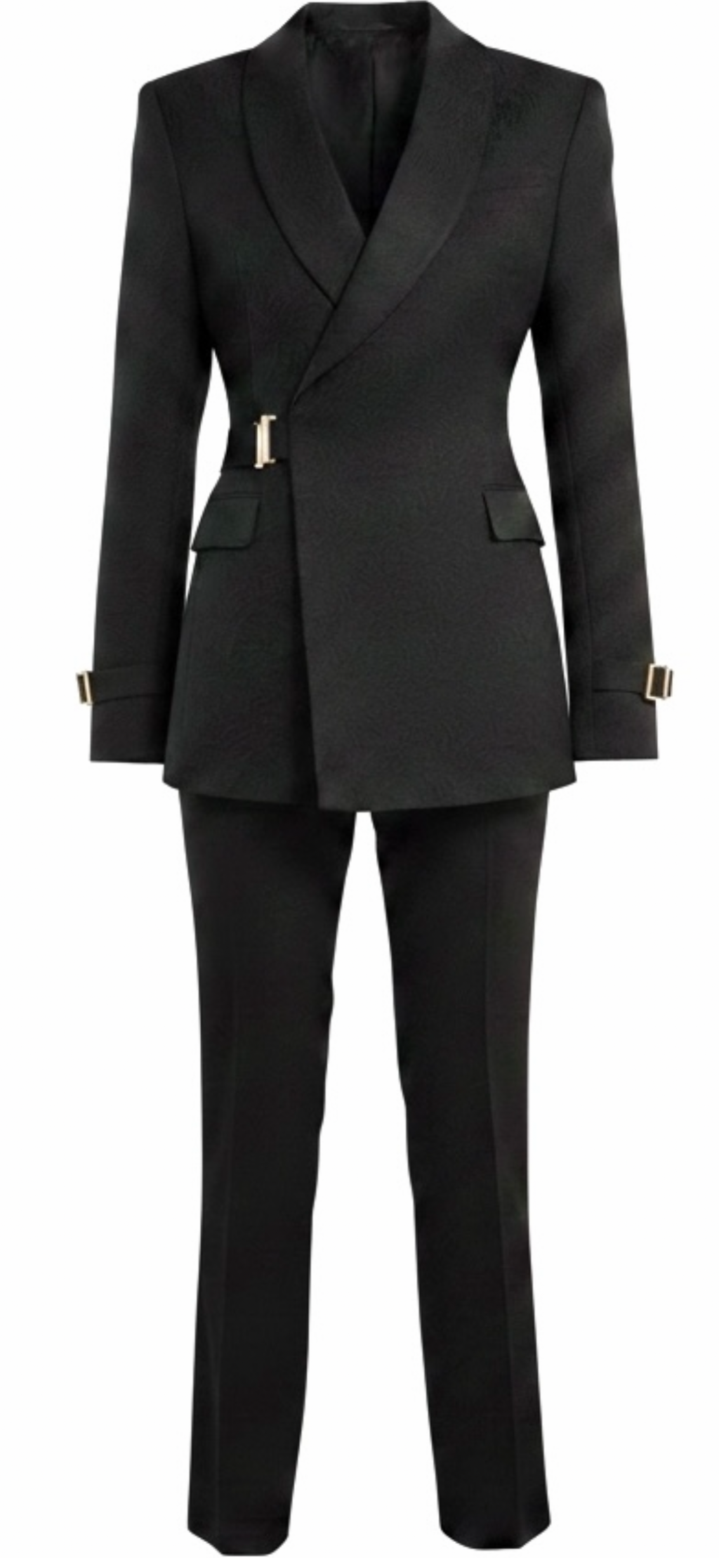 Black Jacquard Floral Double-Breasted Tuxedo with Gold Buckle