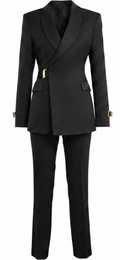 Black Jacquard Floral Double-Breasted Tuxedo with Gold Buckle