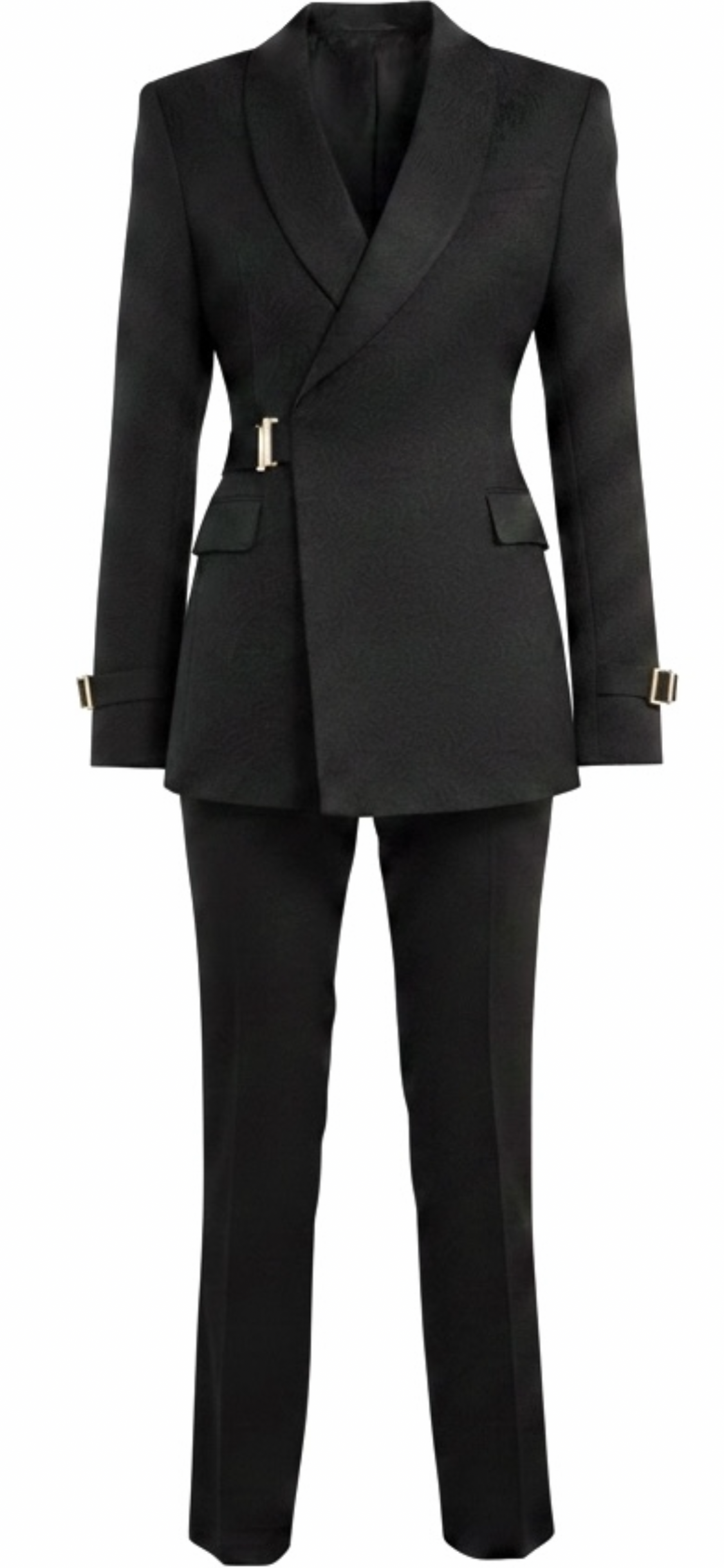 Black Jacquard Floral Double-Breasted Tuxedo with Gold Buckle