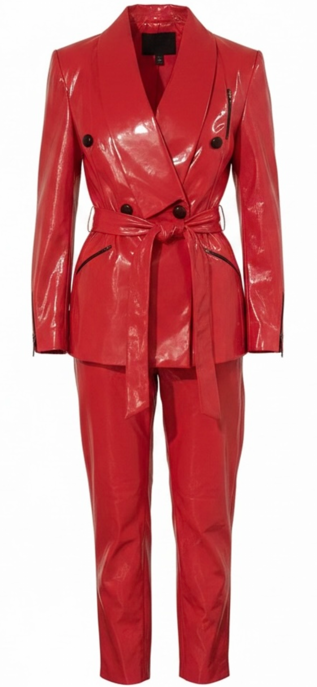 Red Faux Leather Zipper Suit with Rope Tie Belt
