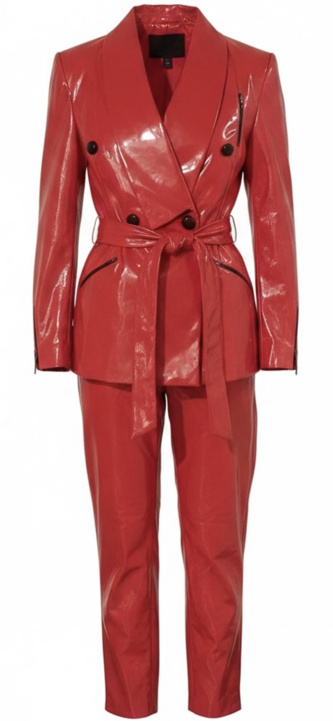 Red Faux Leather Zipper Suit with Rope Tie Belt