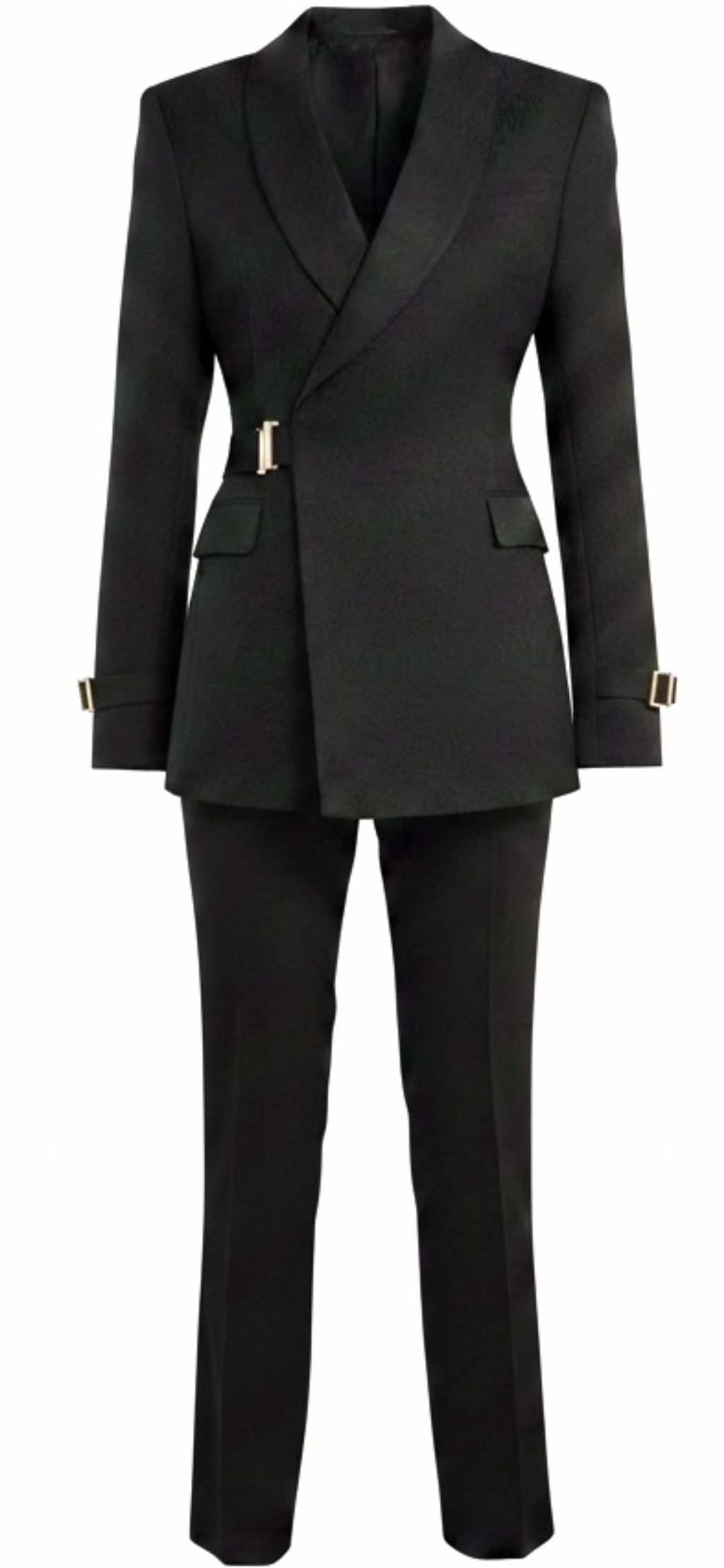 Black Jacquard Floral Double-Breasted Tuxedo with Gold Buckle