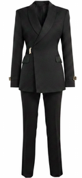 Black Jacquard Floral Double-Breasted Tuxedo with Gold Buckle