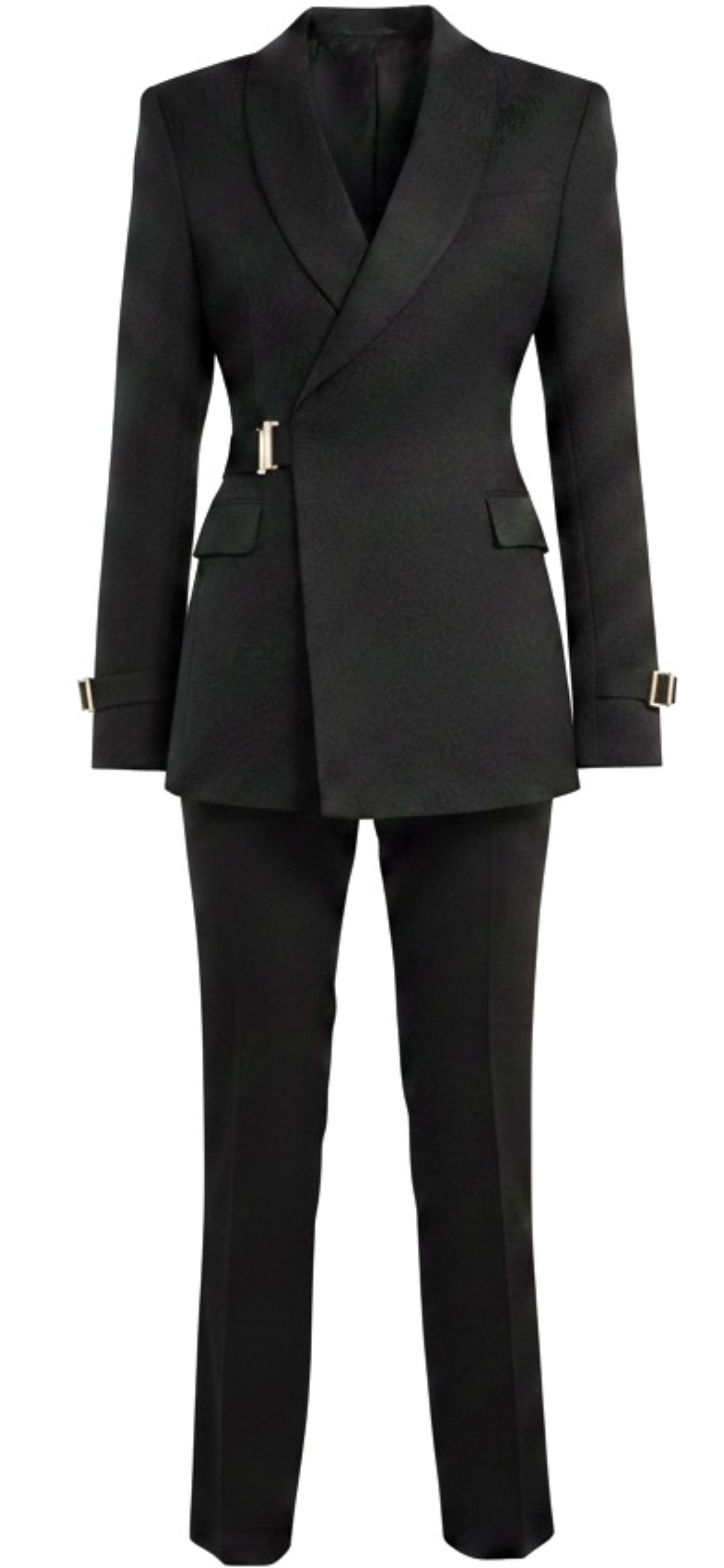Black Jacquard Floral Double-Breasted Tuxedo with Gold Buckle