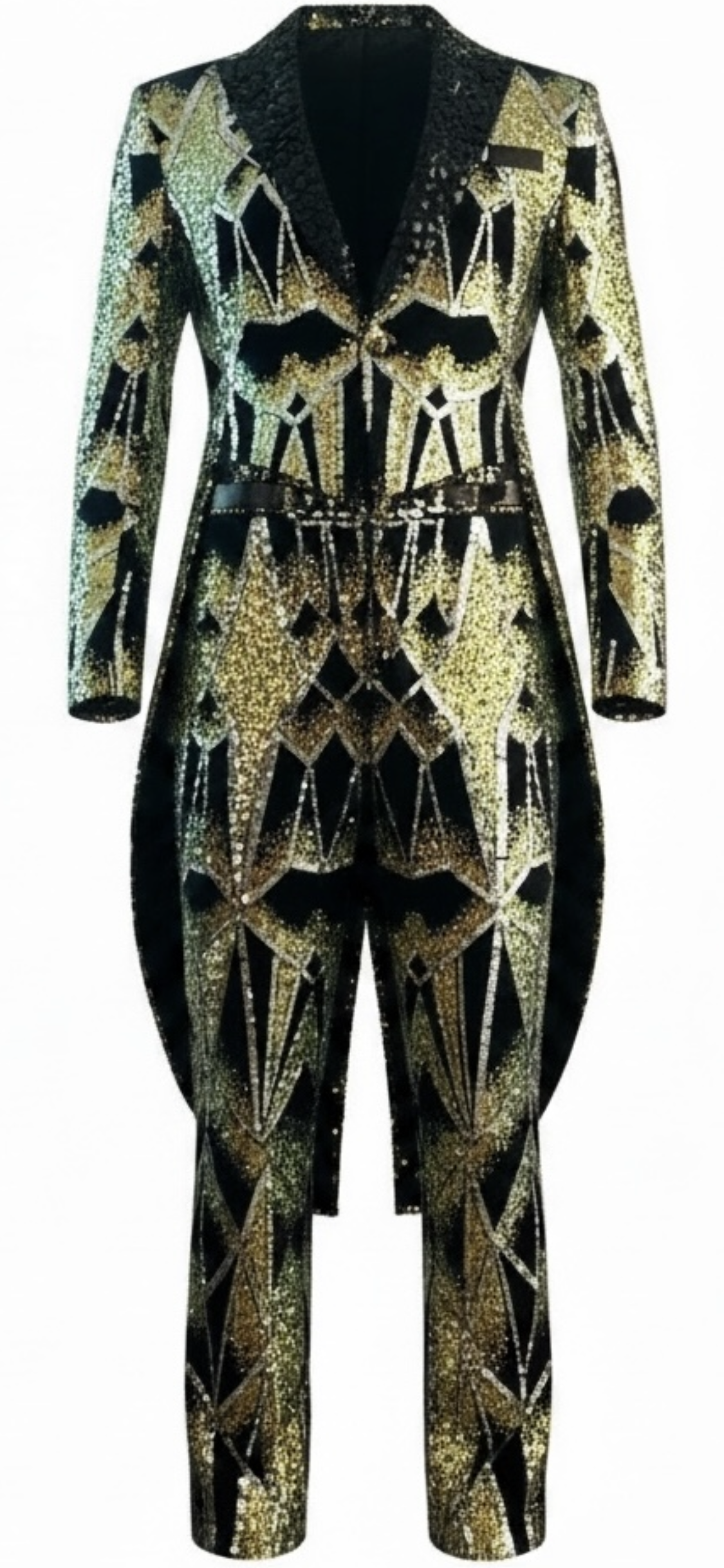 Black & Gold Geometric Sequin Tuxedo Tail Suit with Diamond Crystal Lapel