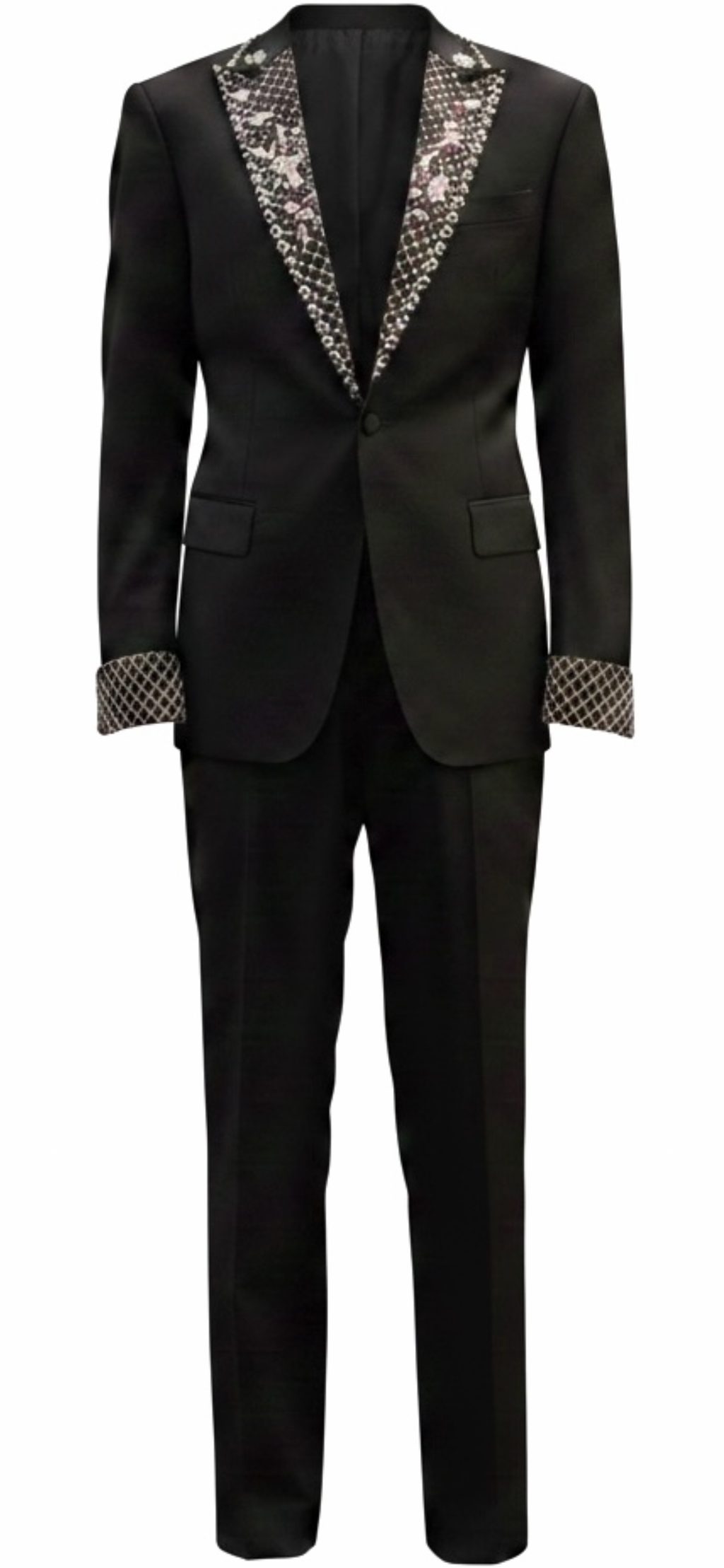 Black Wool Tuxedo with Crystal Pearl Lapel & Cuff Embellishments
