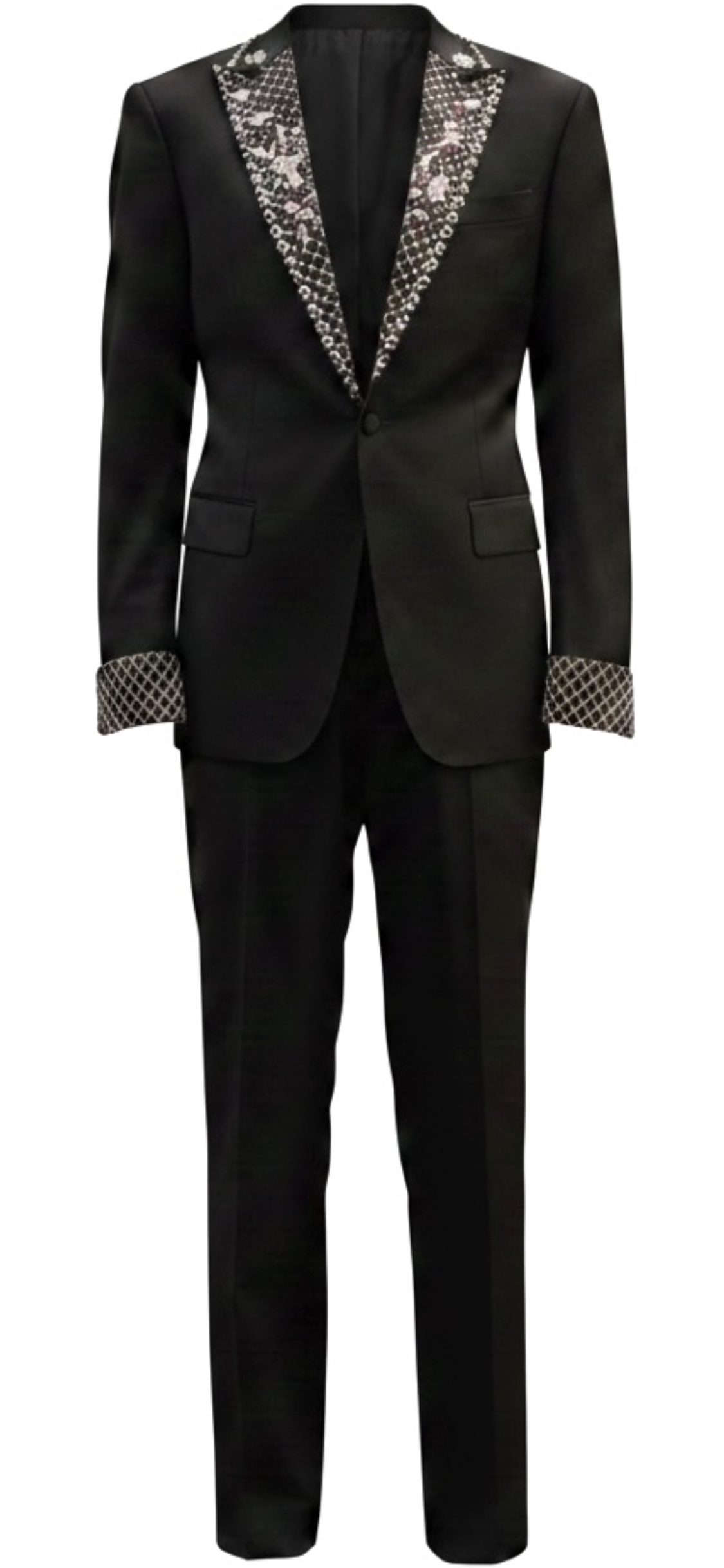 Black Wool Tuxedo with Crystal Pearl Lapel & Cuff Embellishments